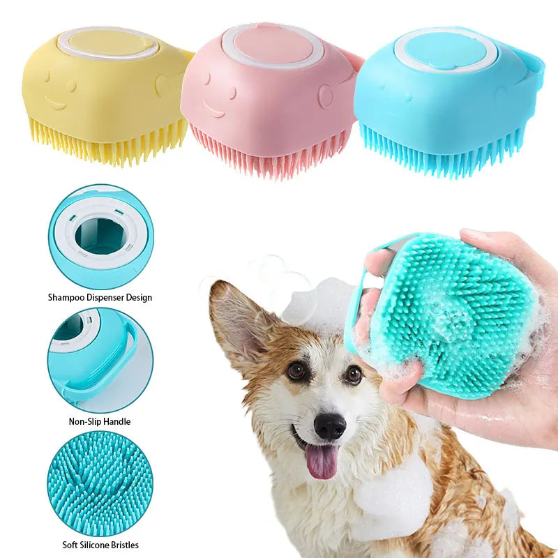 Pet Grooming Bath Massage Brush with Soap and Shampoo Dispenser Soft Silicone Bristle for Long Short Haired Dogs Cats Shower