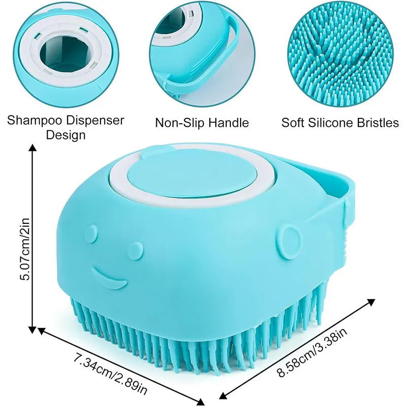 Pet Grooming Bath Massage Brush with Soap and Shampoo Dispenser Soft Silicone Bristle for Long Short Haired Dogs Cats Shower