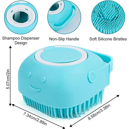 Pet Grooming Bath Massage Brush with Soap and Shampoo Dispenser Soft Silicone Bristle for Long Short Haired Dogs Cats Shower