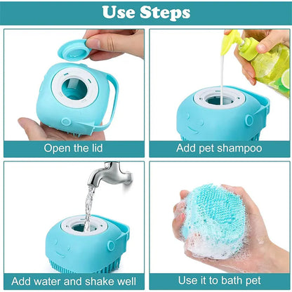 Pet Grooming Bath Massage Brush with Soap and Shampoo Dispenser Soft Silicone Bristle for Long Short Haired Dogs Cats Shower